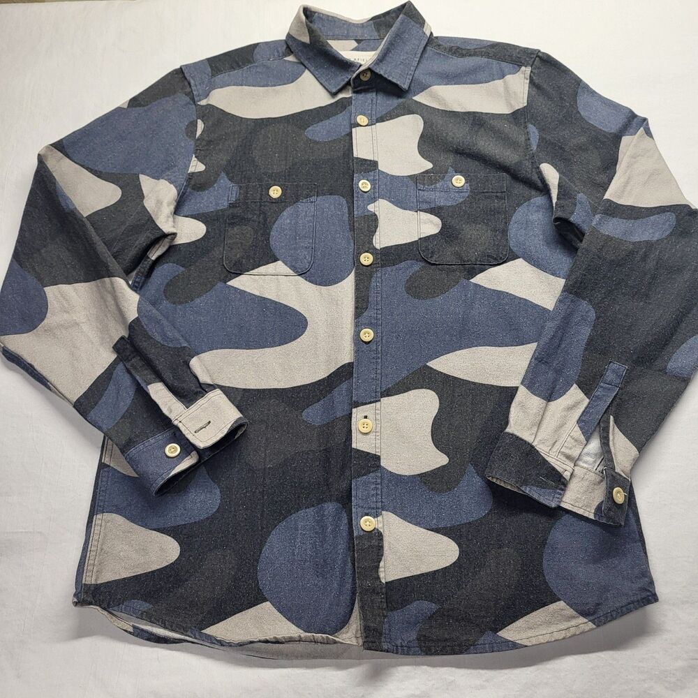 Mens Far Afield Plaid Flannel Button-Up Size 3 (LG) UK Blue Camo BCI Cotton